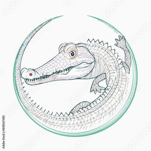 Minimalist crocodile sketch inside thin circular frame