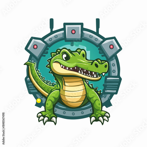 Cartoon crocodile mascot inside gear-shaped circular emblem