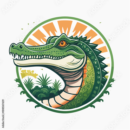 Illustration of green crocodile inside circular frame with tropical plants