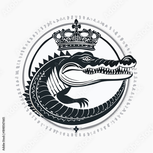 Monochrome crocodile emblem with crown inside circular frame