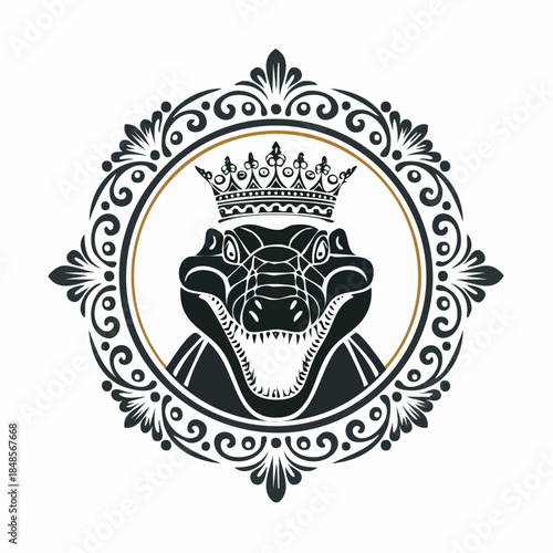 Black and white crocodile emblem with crown and ornate frame