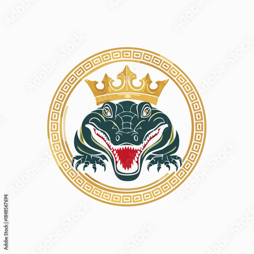 Colorful crocodile emblem with crown and decorative stars