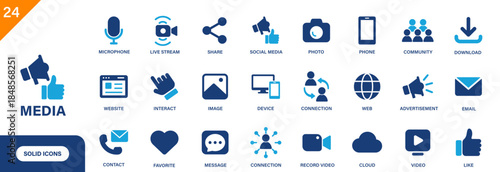 Media icon. Including live stream, share, like, advertisement, phone, message, social media. Solid vector icon set.