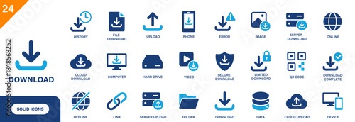 Download icon. Includes cloud download, data, cloud upload, file, folder, phone, computer, upload. Solid vector icon set.