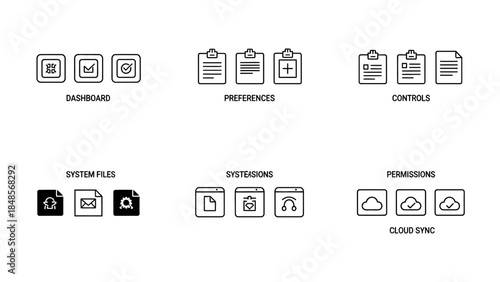 Set of icons for dashboard, preferences, controls, system files, systeasons and permissions, cloud sync, user interface elements.