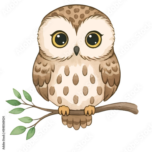 Owl sitting on a branch in nature surrounded by wildlife and feathers