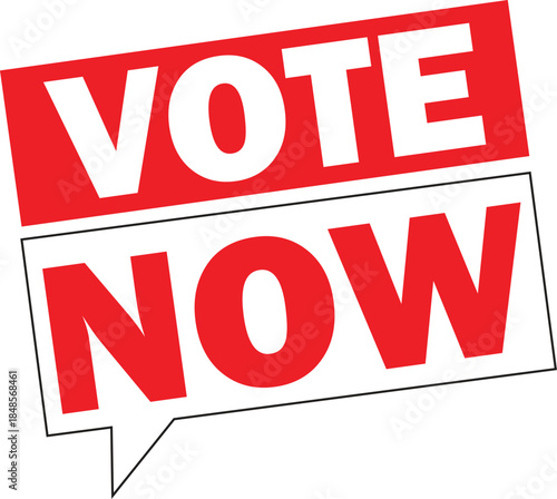 A graphic with the words "VOTE NOW" in white text on red backgrounds, with the bottom "NOW" part shaped like a speech bubble.