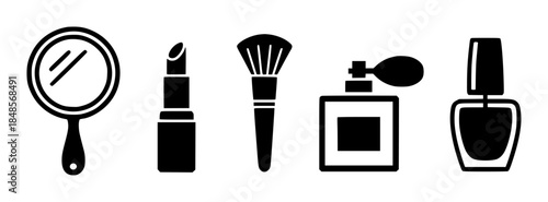Black silhouette of makeup mirror lipstick makeup brush perfume bottle and nail polish