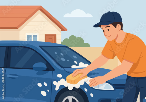 Man washing car near house in countryside
