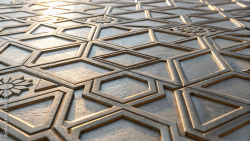 Creative abstract pattern workflow. Intricate metallic geometric tiles with textured surface create captivating pattern