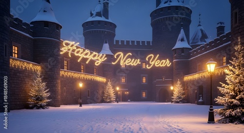 Illuminated happy new year greeting hangs above a snowy courtyard of a medieval castle at night