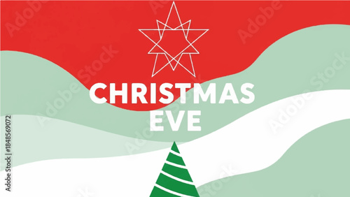 Minimalist winter holiday graphic with stylized star, green tree, and snowy hills. Festive red, white, and light green colors for seasonal designs and celebrations