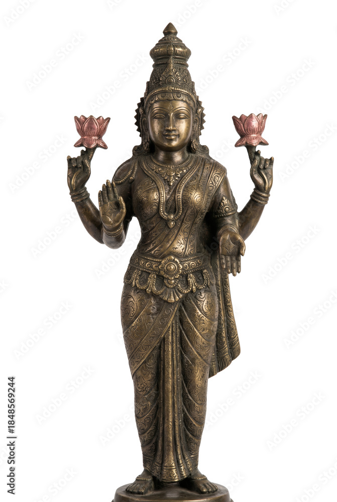 Obraz premium Dark antique bronze statue of Goddess Lakshmi holding lotus flowers, featuring traditional drapery and oxidized texture.
