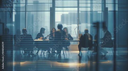 Faceless businessmen group meeting seen glass walls reflections, blurred silhouettes, modern corporate office interior, slow parallax camera movement, abstract corporate atmosphere, confidential