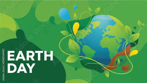 Vibrant green planet illustration entwined with lush foliage, symbolizing global environmental awareness, ecological harmony, and a sustainable future