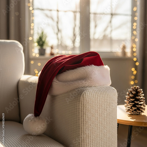 Close-up of a Santa hat resting on a white armchair near a sunlit window, bright and comfortable living room interior