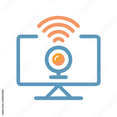 Computer with Camera Icon Represents Online Communication in Flat Design Style