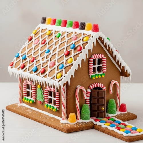 Close-up of a classic gingerbread house with icing snow on the roof, vibrant candy decorations