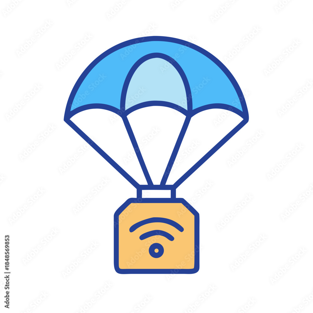 Obraz premium Parachute carrying a wifi signal box on black background, digital delivery concept