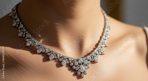 Close-up shot of a diamond necklace worn by a woman, bright cinematic atmosphere