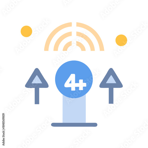 Flat design illustration of a 4G tower with upload arrows and signal
