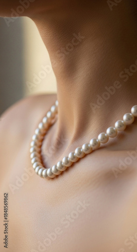 Elegant pearl necklace on a woman’s neck, close-up composition without showing the face