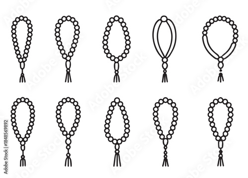 Islamic prayer beads vector set, tasbih and misbaha icons collection in minimal line art style, dhikr beads for ramadan kareem and religious design elements.