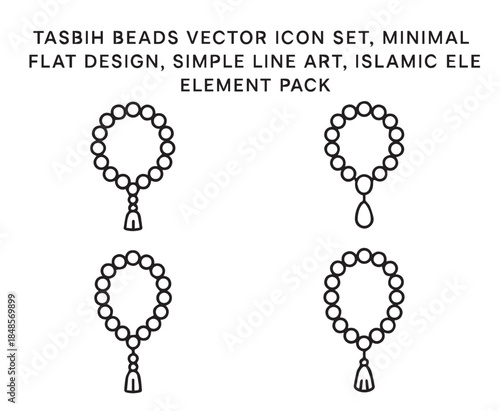 Islamic tasbih prayer beads vector icon set, minimal line art misbaha collection for dhikr, religious rosary elements for ramadan and eid design.