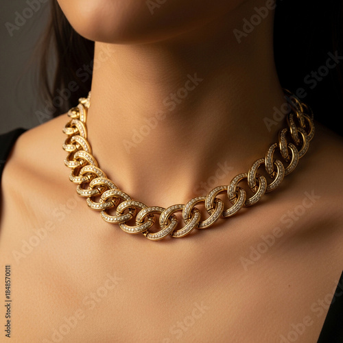 Luxury gold necklace resting perfectly on a woman’s neck, showing only the neck and upper chest, bright and clean cinematic light