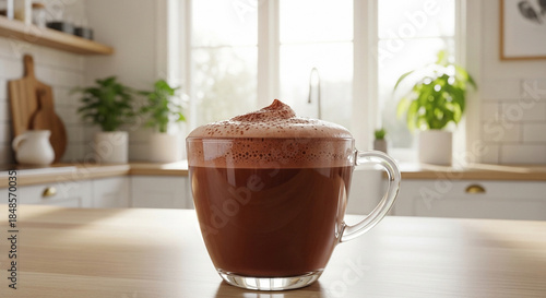 Luxury hot chocolate served in a glass cup, rich cocoa color with smooth foam, modern bright kitchen interior