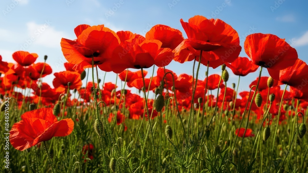 Fototapeta premium Bright red poppies in bloom against a clear blue sky in a vibrant field landscape