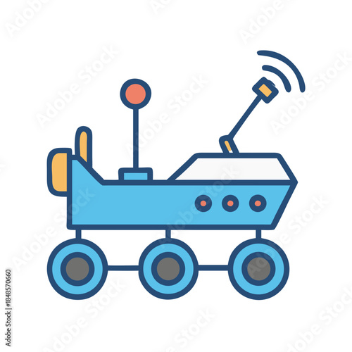 Stylized illustration of a rover featuring radio signals in the outer space