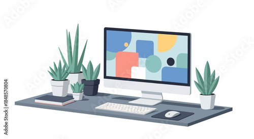 Modern workspace with computer, keyboard, plants, and stylish geometric background for creative business or technology concepts and product showcases