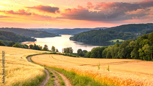 Serene sunset over lake and fields