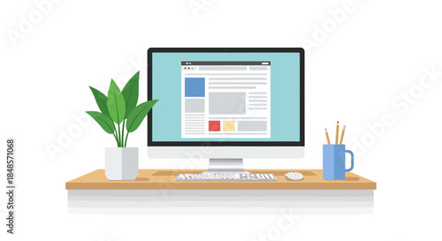 Modern workspace featuring a sleek computer, keyboard, mouse, vibrant green plant, and pens for a productive, creative, and inspiring work environment