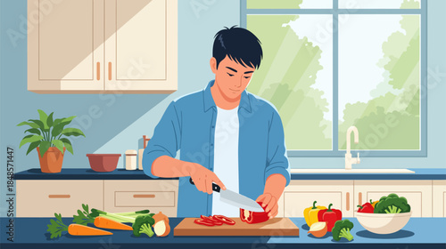 A boy chopping vegetables on cutting board