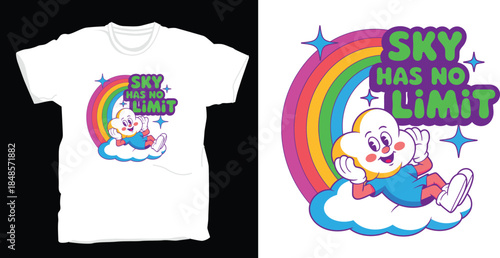 Happy cloud character on rainbow with text sky has no limit