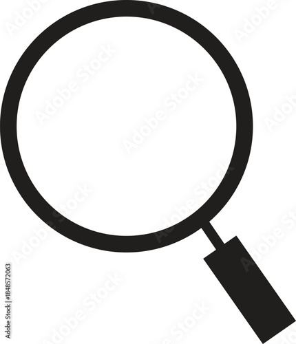 Simple black magnifying glass icon on a white background, symbolizing search, zoom, or discovery for digital interfaces.