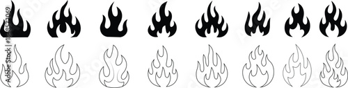 Stylized Flame Icon Set. Filled and Outline Fire Symbols for Graphic Design