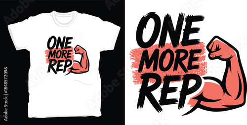 One more rep fitness design featuring a strong muscular arm with a painted brushstroke background