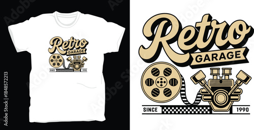  Retro garage vintage car parts and film reel t-shirt design. Automotive workshop. Old engine. Mechanic shop logo. Classic automobile service