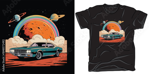 Space car journey t-shirt design with retro automobile on alien planet. Sci-fi landscape. Futuristic travel. Cosmic adventure. Vintage vehicle
