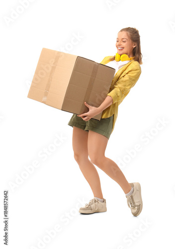 Young woman carrying cardbo...