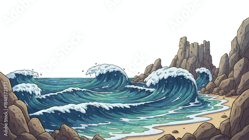 vector illustration of a blue sea waves landscape cartoon on white isolated sky with empty area banner