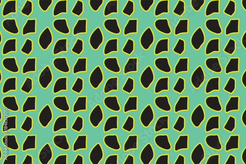 This image displays a high-contrast repeating pattern. Irregular black shapes, outlined in thin yellow lines, are set against a vibrant mint green background. The pattern resembles a stylized animal 