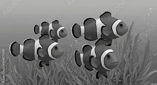 Clownfish swimming among seagrass in ocean