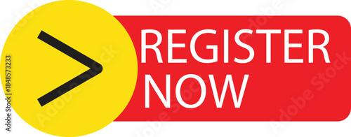 A bright red button with white text that says REGISTER NOW, with a yellow circle containing a black greater than symbol on the left.