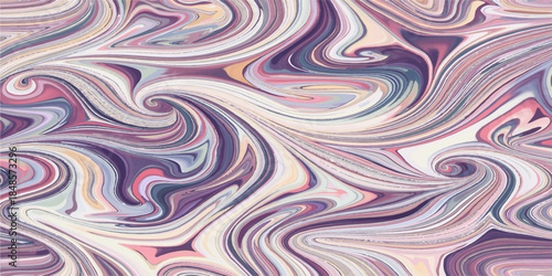 Seamless vector illustration of a psychedelic colorful abstract pattern featuring purple and pink waves with blue and green lines for a decorative textile wallpaper design texture.