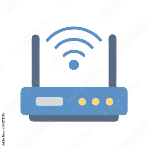 Stylized blue wireless router illustration on a black background with antenna