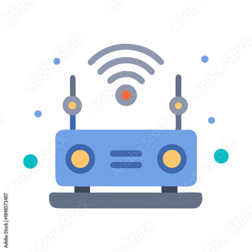 Flat design illustration of a router with wireless signal indicator on black backdrop